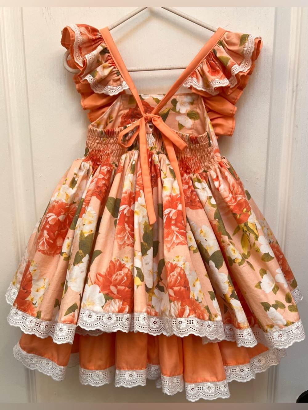 Monika Studio Girls Floral Ruffle Pinafore Dress - Peach/Coral  Floral Size 4 T - Picture 13 of 13